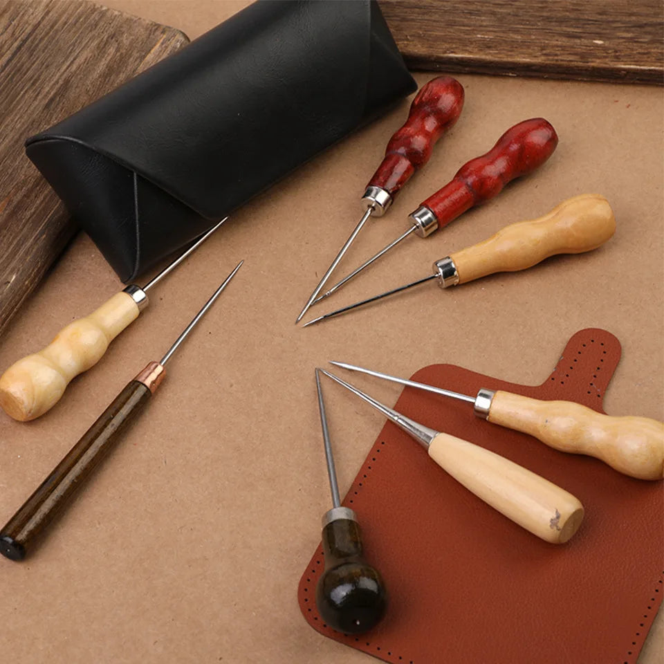Wooden Handle Awl Leather Punching Awl Sewing Stitching Tool For DIY Handmade Stitcher Needlework Shoes Bag Repair Tool