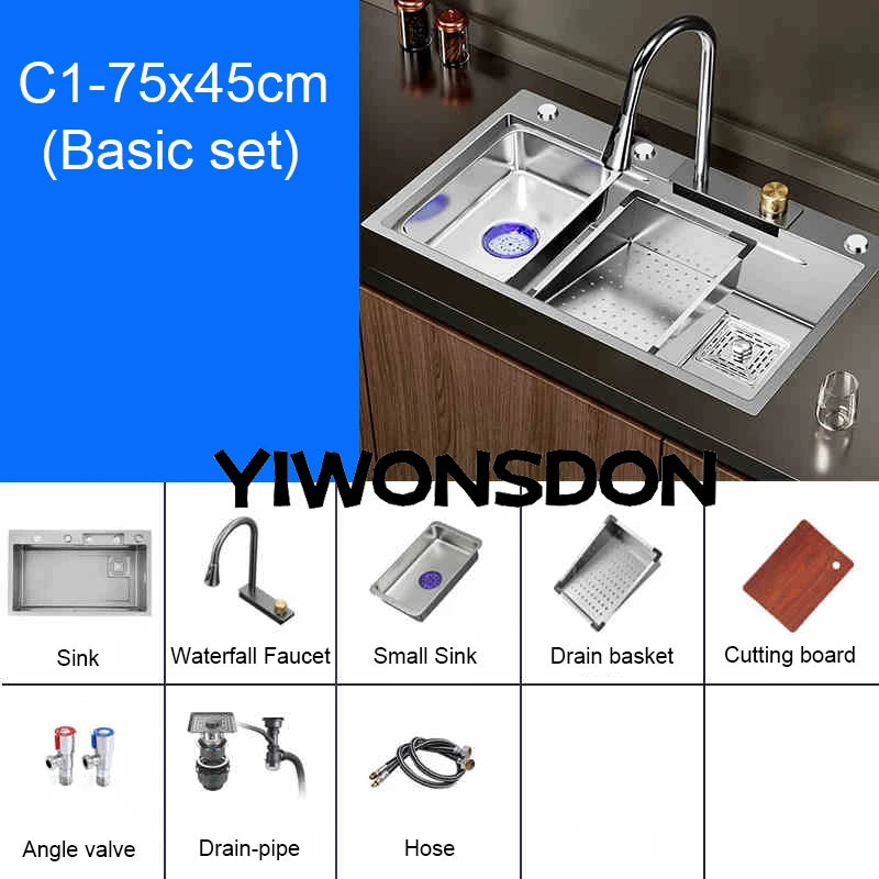 Multifunction Brushed Nano Kitchen Sink Waterfall Faucet Large Single Bowl Cup Washer Pure Tap Soap Dispenser Stainless Steel
