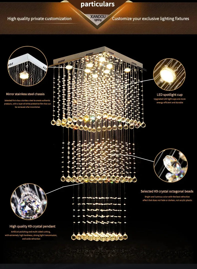 Duplex Living Room Pendant Chandelier Square Stair Hanging Lamp Hotel Villa Project Light Modern Luxury Crystal Long Chandelier