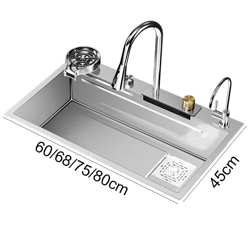 Multifunction Brushed Nano Kitchen Sink Waterfall Faucet Large Single Bowl Cup Washer Pure Tap Soap Dispenser Stainless Steel