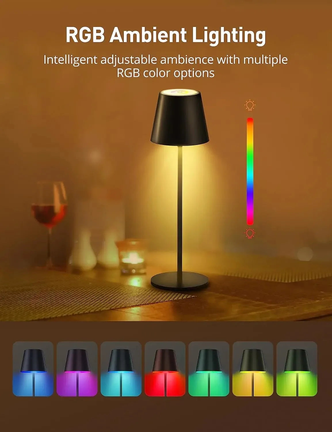 RGB Cordless Table Lamp Touch Control Rechargeable Battery Desk Lamp 3 Adjustable Height 3 Colors Smooth Dimming for Dining