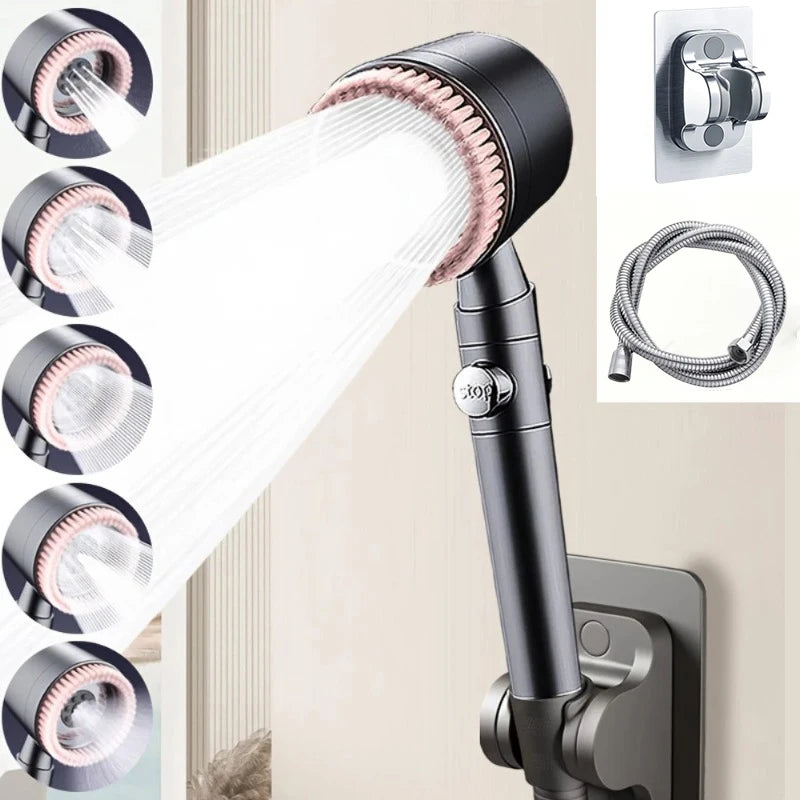 5 Modes Handheld Filter Shower Head Turbocharged High Pressure Spa Nozzle with One Key Stop Scratch Resistant Water Saving