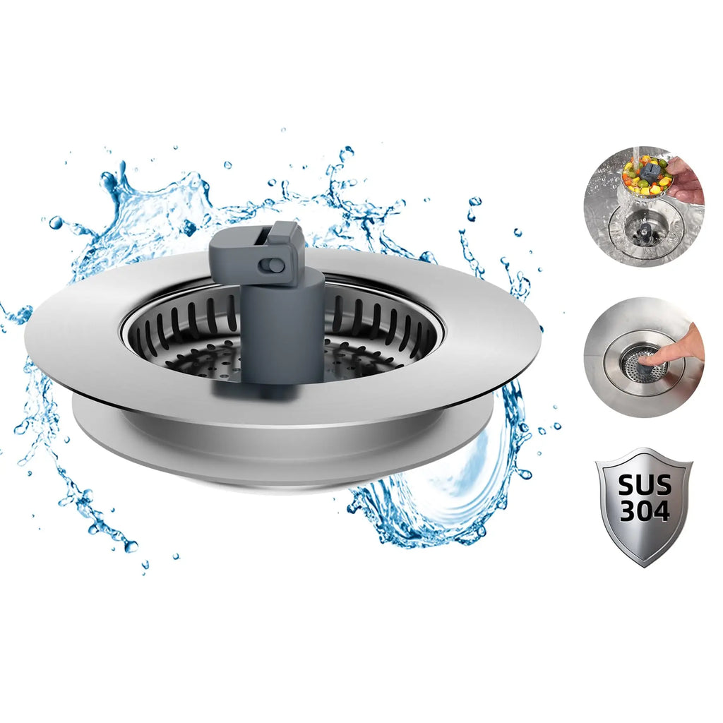 Hibbent Upgraded 3 in 1 Kitchen Sink Drain Strainer and Stopper Combo, Stainless Steel Metal Pop Up Sink Stopper,