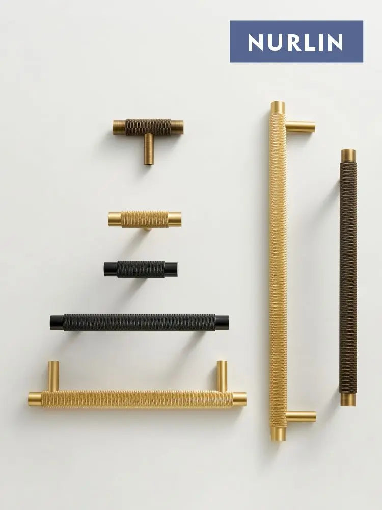 Nurlin Solid Brass Kitchen Furniture Handles Modern Knurled Patter Antique Matt Brass Black Color Cabinet Knobs T-Bar Pull