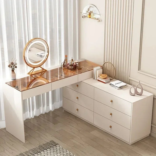 Modern Vanity Desk with LED Lighted Mirror, Luxury Corner Makeup Vanity Table 6 Drawers and Large Storage Dressing Table Shelves