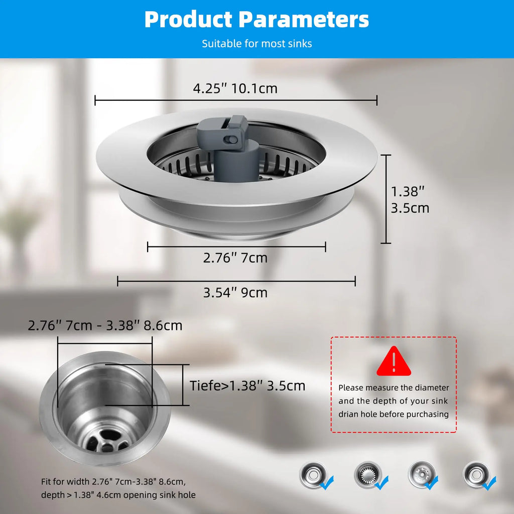 Hibbent Upgraded 3 in 1 Kitchen Sink Drain Strainer and Stopper Combo, Stainless Steel Metal Pop Up Sink Stopper,