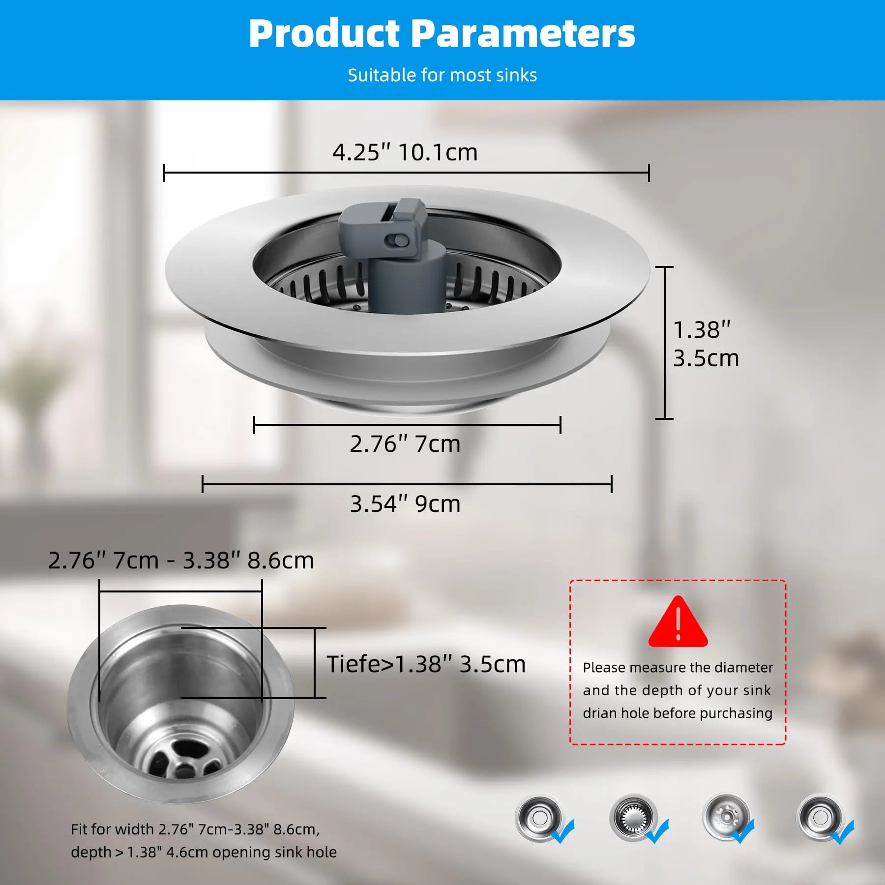 Hibbent Upgraded 3 in 1 Kitchen Sink Drain Strainer and Stopper Combo, Stainless Steel Metal Pop Up Sink Stopper,