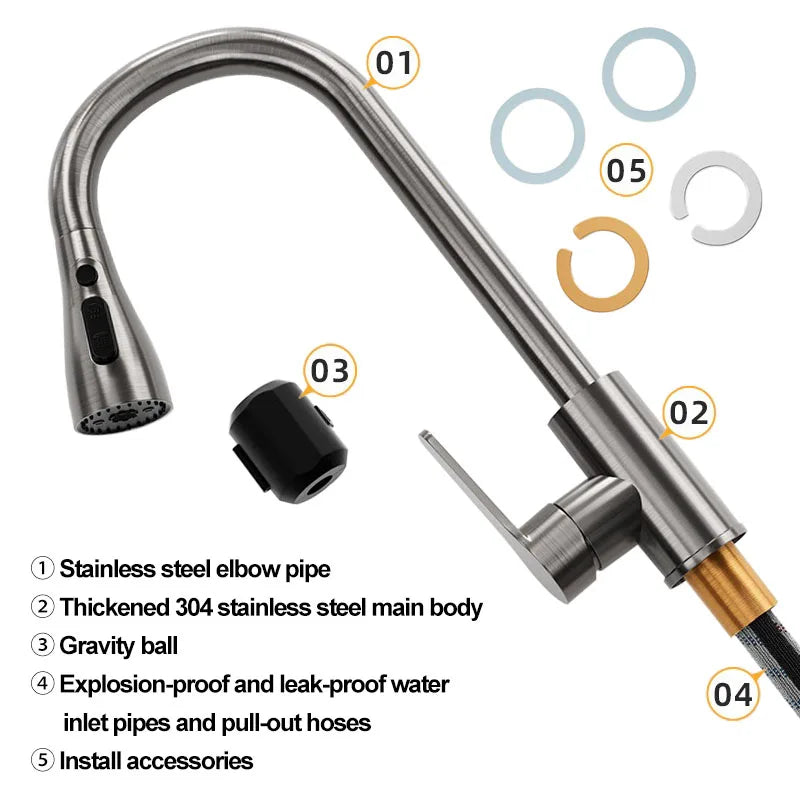 Stainless steel kitchen pull-out faucet, hot and cold household splash-proof sink, retractable sink, vegetable washing basin fau