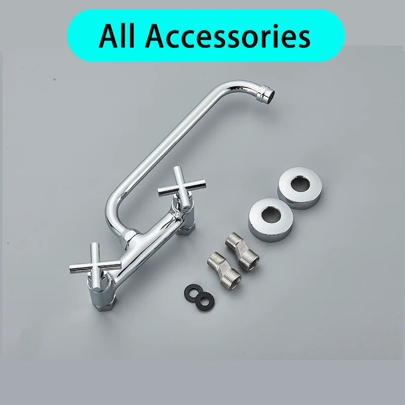 Chrome Wall Mounted Bathroom Kitchen Faucet Dual Handle Hot and Cold Water Tap Sink Mixer Tap 360 Swivel Long Spout Kitchen ﻿ ﻿