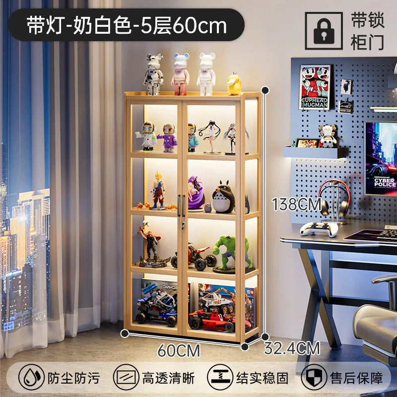 Display Cabinet Acrylic Curio Cabinet with Lock Glass Display Cabinet Natural Bamboo  Glass Cabinet Easy to Install，With Lights