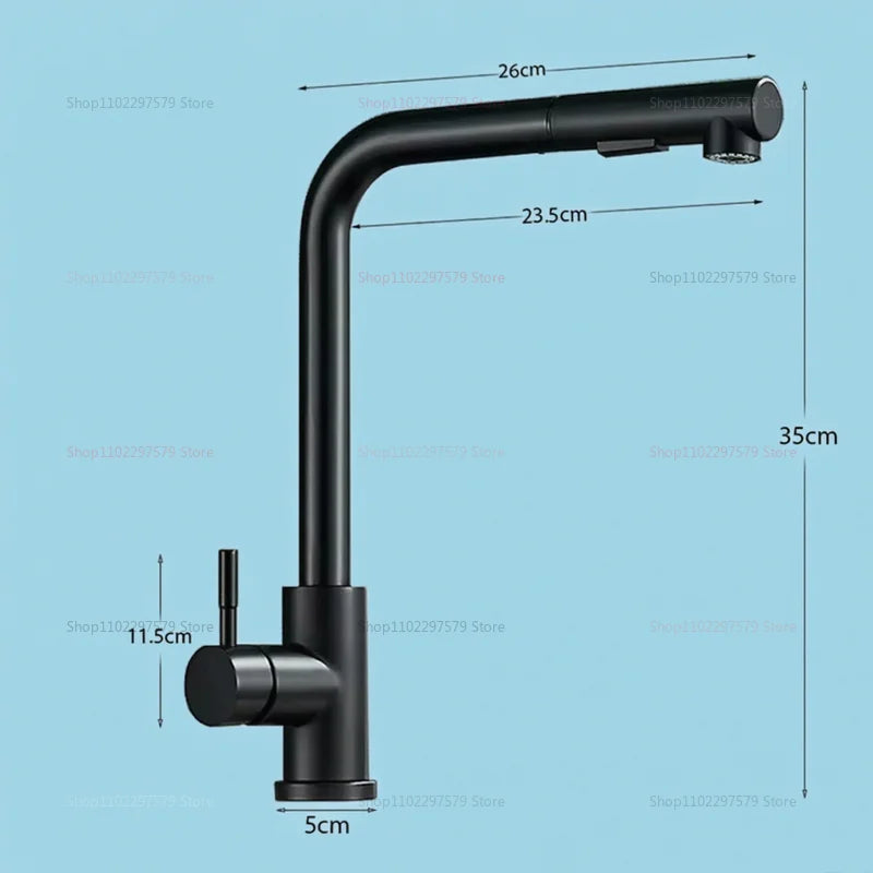 Upgraded Black Silver Pull-Out Telescopic Rotary Kitchen Faucet Stainless Steel Hot Cold Dual Mode Easy Install Water Outlet