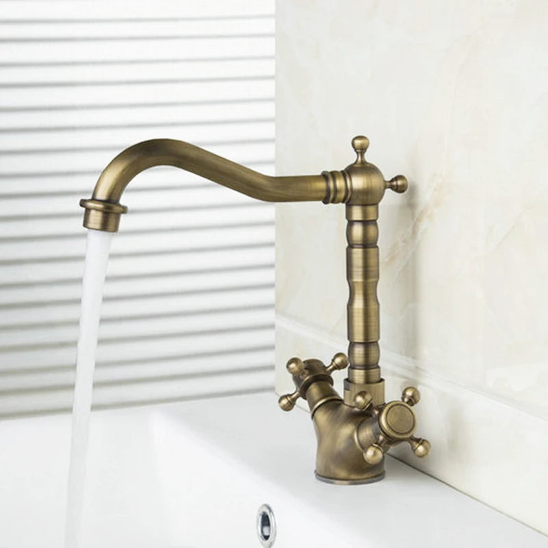 KEMAIDI Gold Bathroom Sink Faucet Brass Single Hole Deck Mounted Faucets 360 Swivel Dual Handle Mixer Tap Antique Brass