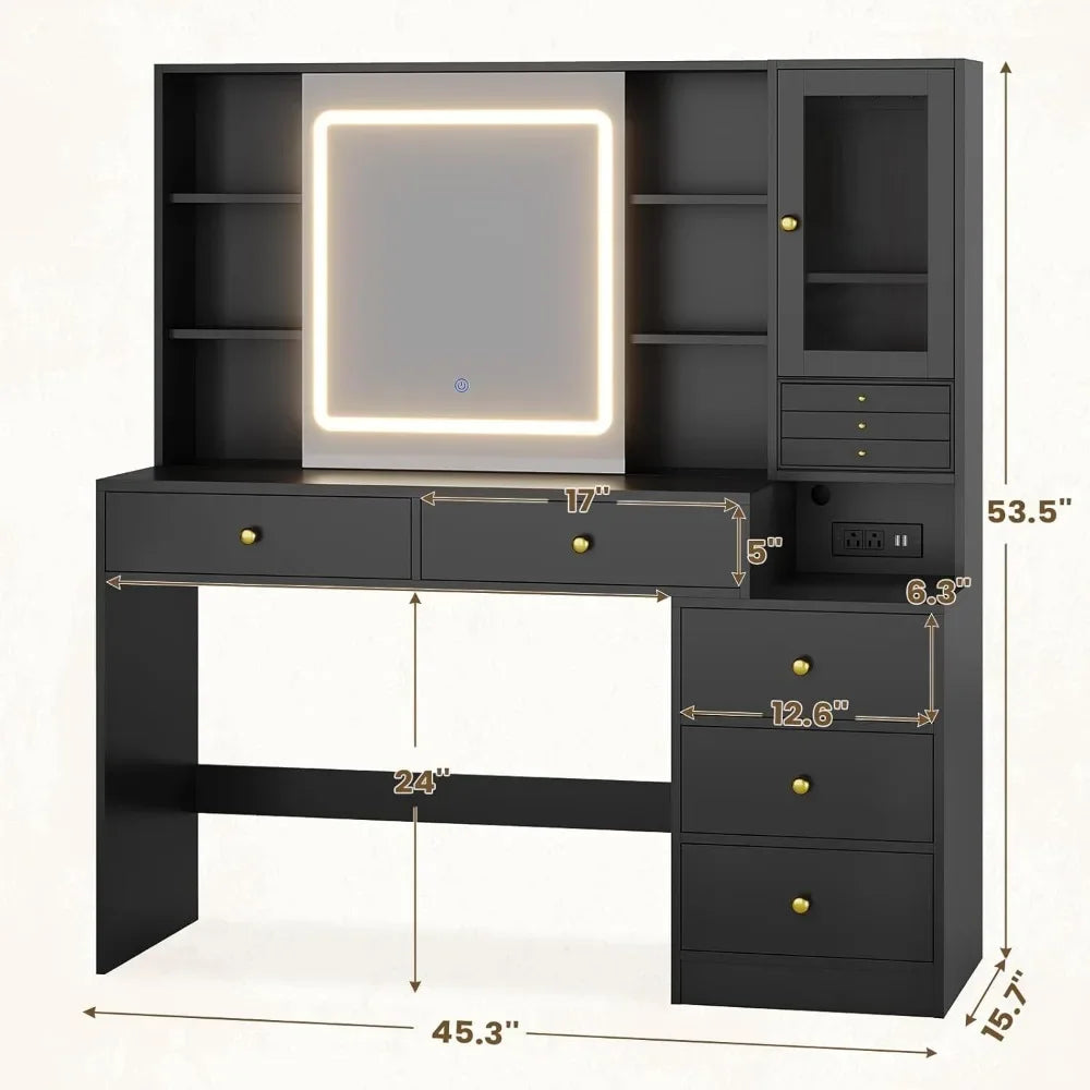 Makeup Vanity Desk with Lighted Sliding Mirror & Jewelry Organizer, Makeup Dressing Table with 5 Drawers, Modern Black