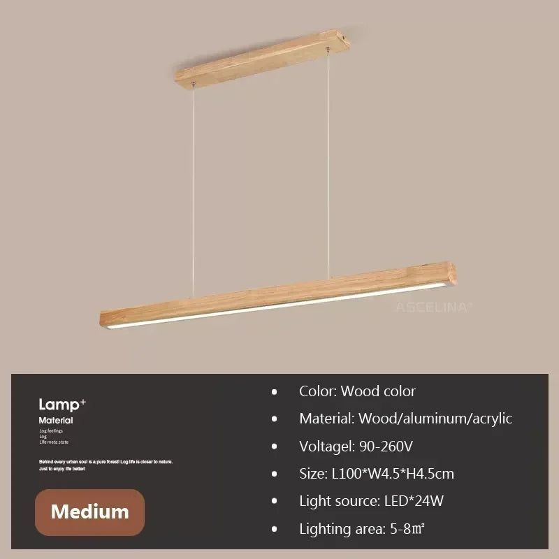 DAMIASMIL LED Pendant Light Dining Table Lamp Wood Long Strip Suspension Chandelier for Living Dining Room Lighting Fixture