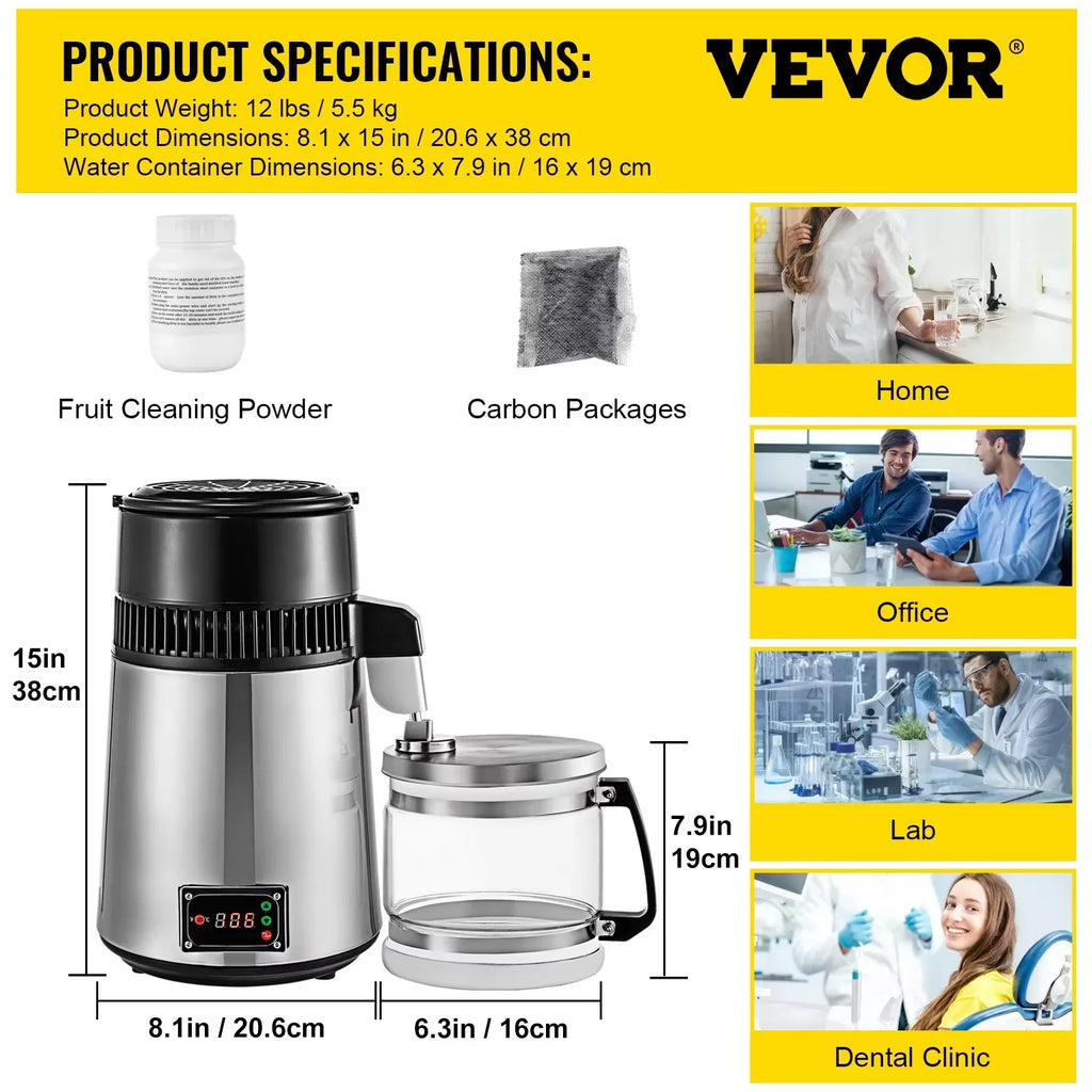 VEVOR Silver Water Distiller Machine 750W Adjustable Temperature Water Distiller 4L Wine Making Set Brewing Kit for Kitchen Home