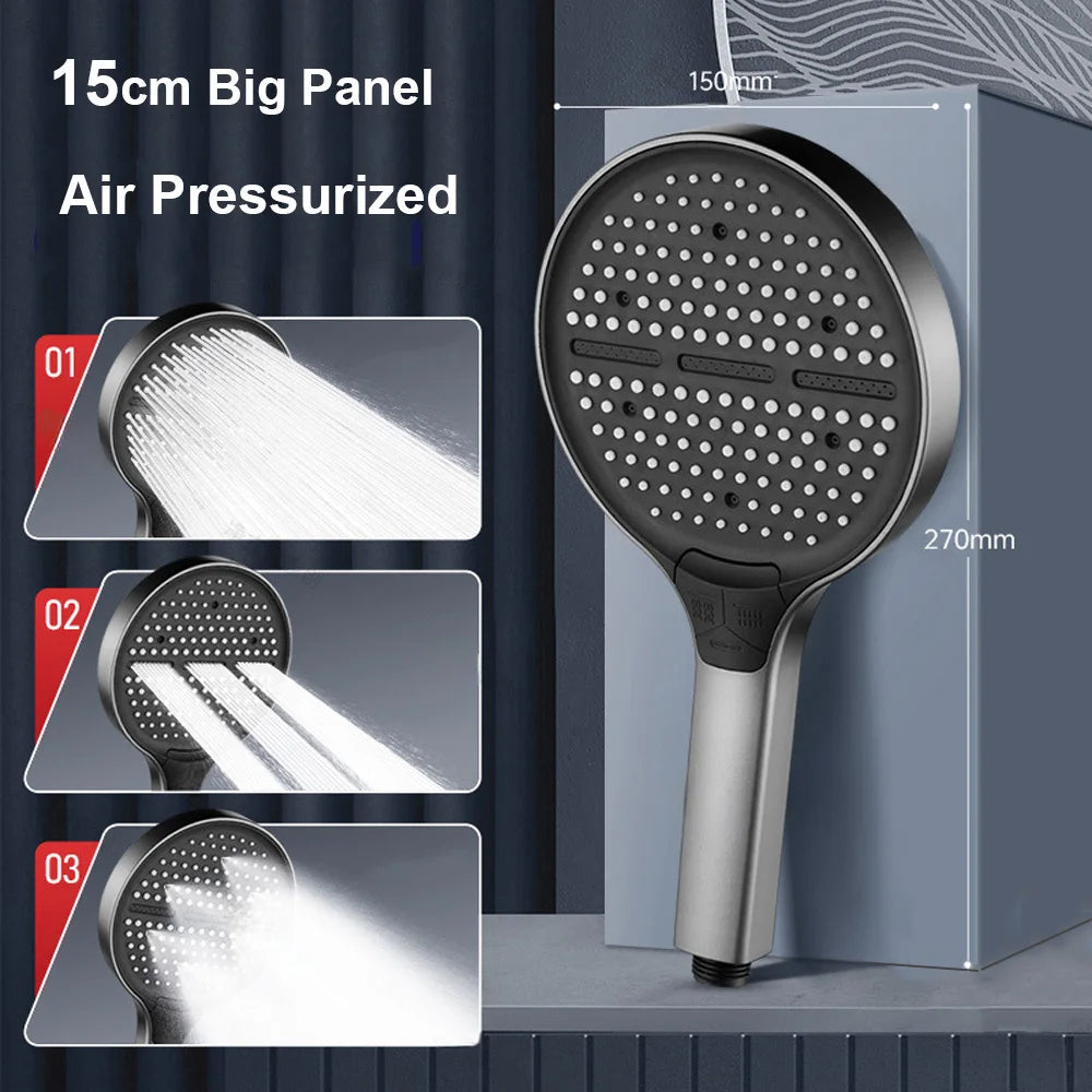 3 Modes Adjustable Shower Head High Pressure Water Saving Nozzles 15CM Big Panel Large Flow Handheld Shower Head for Bathroom