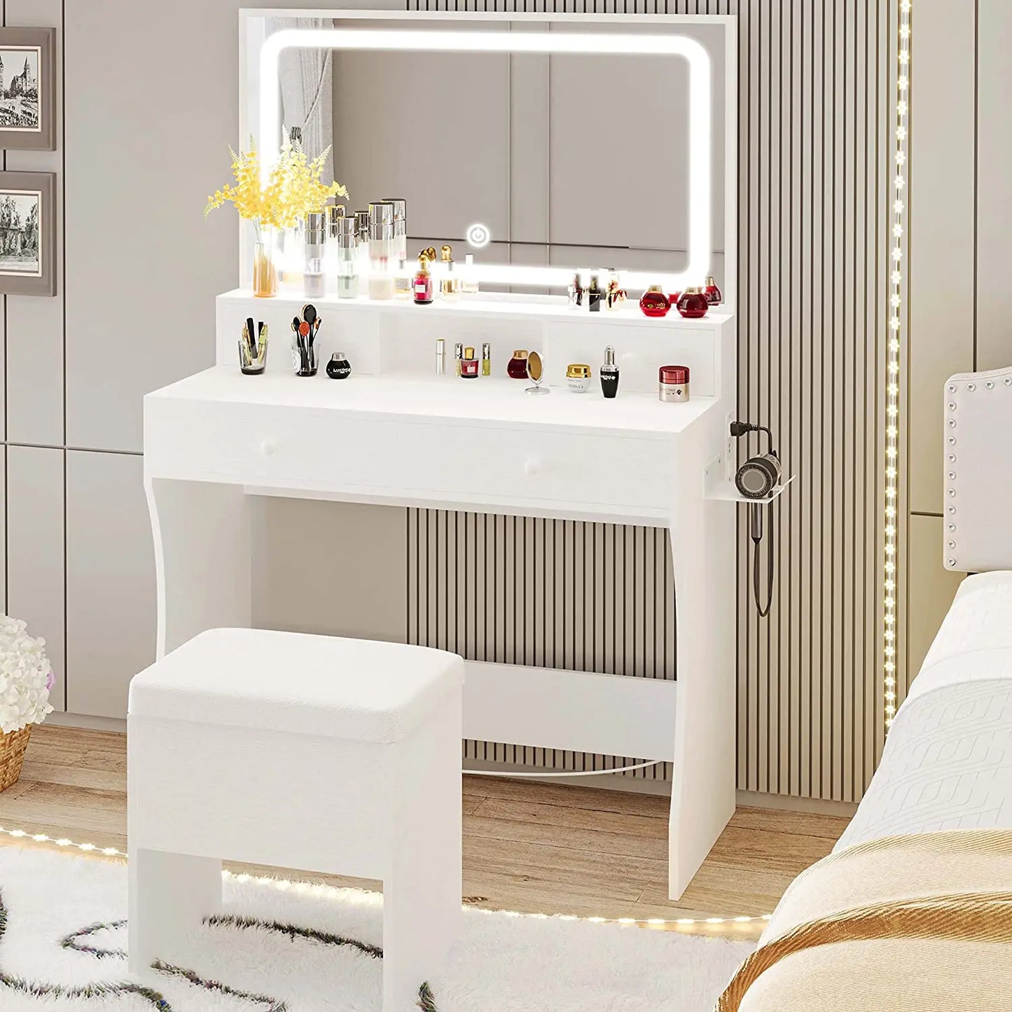 LIKIMIO Vanity Desk with LED Lighted Mirror & Power Outlet, Dressing Makeup Table Set with Storage Stool and Hair Dryer Stand