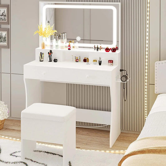 LIKIMIO Vanity Desk with LED Lighted Mirror & Power Outlet, Dressing Makeup Table Set with Storage Stool and Hair Dryer Stand