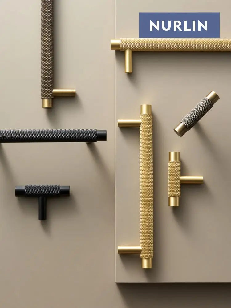 Nurlin Solid Brass Kitchen Furniture Handles Modern Knurled Patter Antique Matt Brass Black Color Cabinet Knobs T-Bar Pull