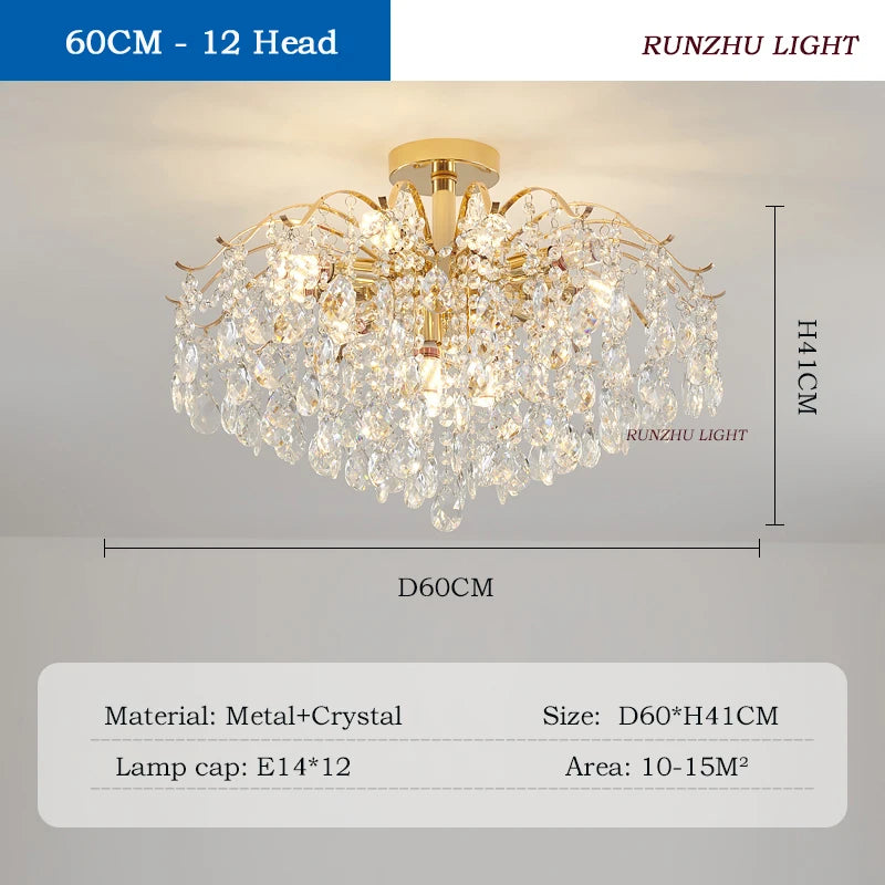 Light Luxury Crystal Living Room Lamp French Net Red Ceiling Lamp Master Bedroom Room Lamp Creative Restaurant Lamp LED Lamp