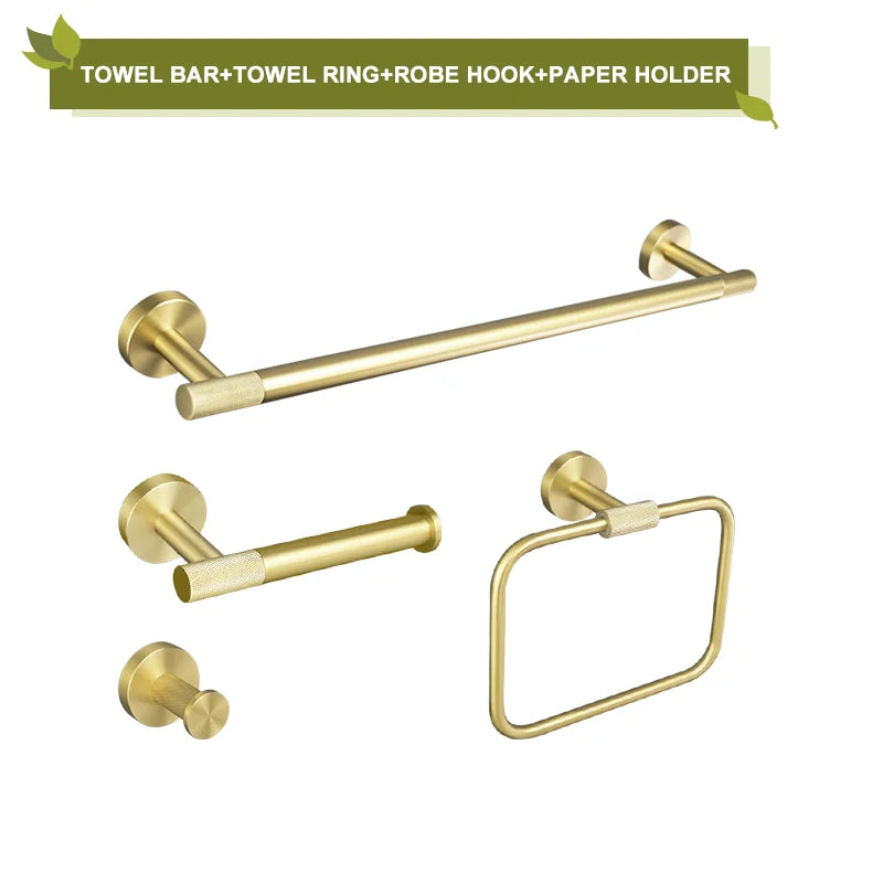 Brushed Gold Stainless Steel Bathroom Hardware Set Towel Rack Coat Hook Towel Bar Toilet Paper Holder Soap Dish Accessories