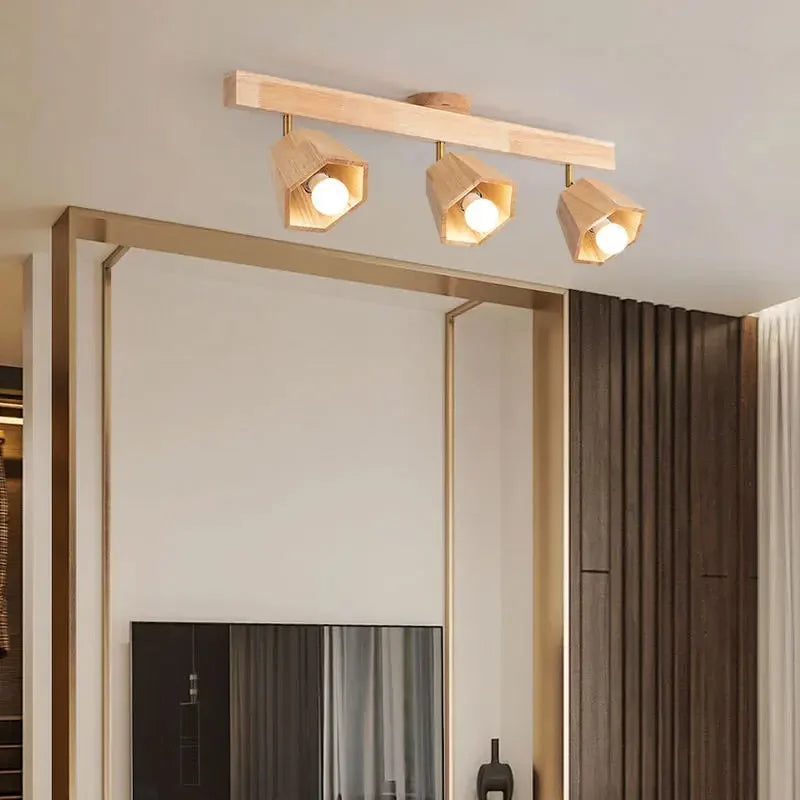 Wood Modern Led Ceiling Lamp For Aisle Bedroom Cloakroom Toilet Shop Corridor Track Light Fixture Long Chandelier With Spotlight