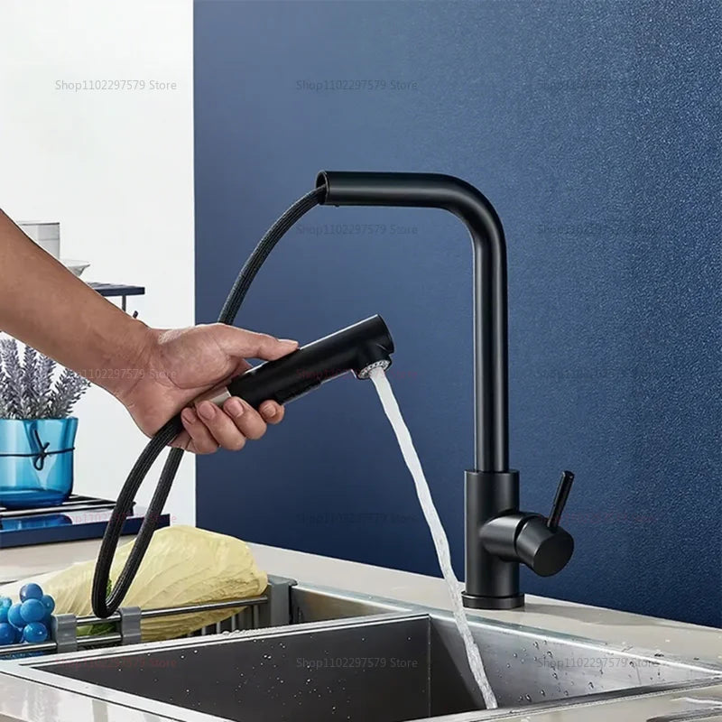 Upgraded Black Silver Pull Out Kitchen Faucet Dual Mode Telescopic Rotary Stainless Steel Hot Cold Water Faucet for Kitchen