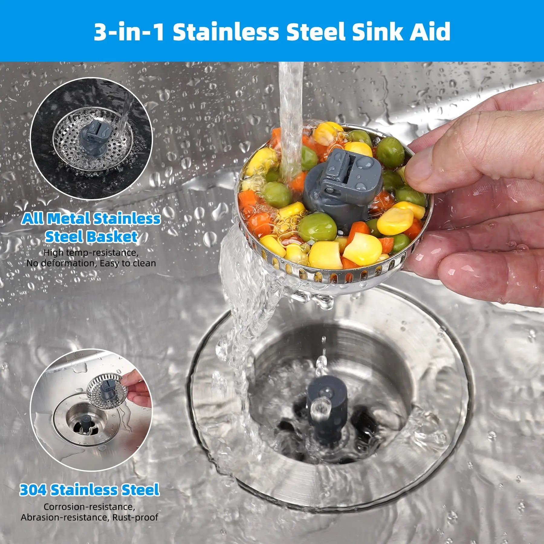 Hibbent Upgraded 3 in 1 Kitchen Sink Drain Strainer and Stopper Combo, Stainless Steel Metal Pop Up Sink Stopper,
