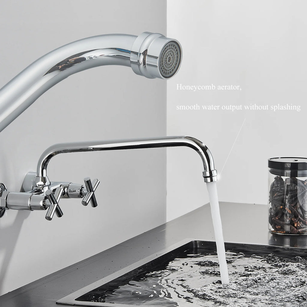 Chrome Wall Mounted Bathroom Kitchen Faucet Dual Handle Hot and Cold Water Tap Sink Mixer Tap 360 Swivel Long Spout Kitchen ﻿ ﻿
