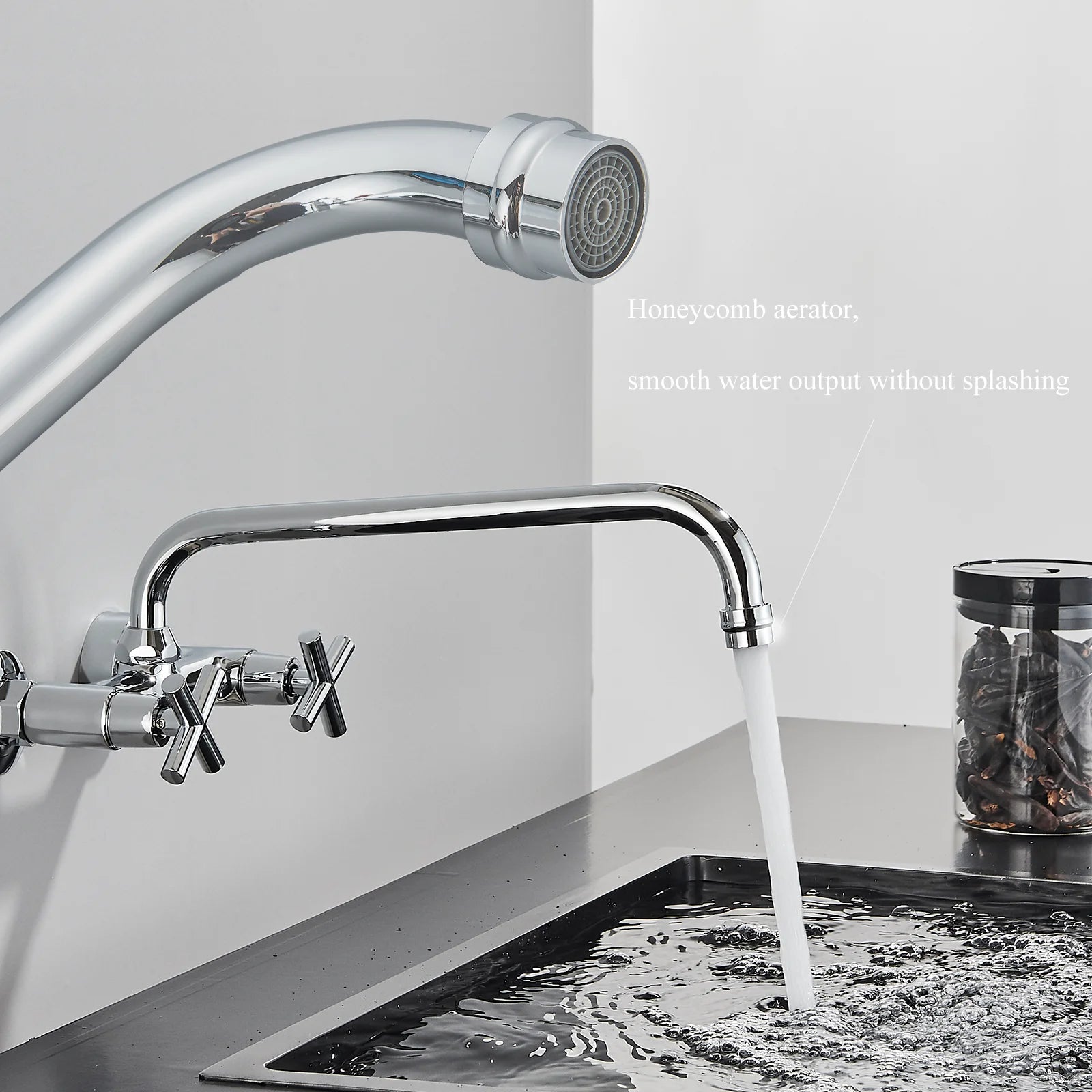 Chrome Wall Mounted Bathroom Kitchen Faucet Dual Handle Hot and Cold Water Tap Sink Mixer Tap 360 Swivel Long Spout Kitchen ﻿ ﻿