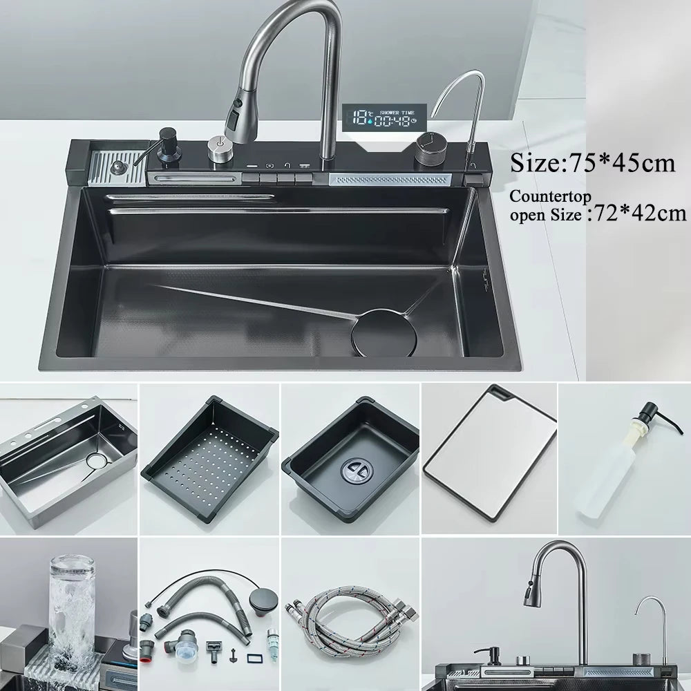 304 Stainless Steel Waterfall Kitchen Sink Large Single Slot Integrated Digital Display Faucet Set Soap Dispenser 75*45cm