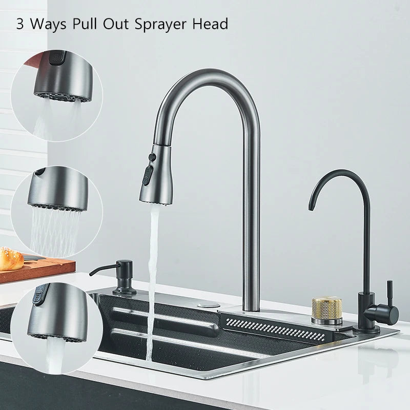 304 Stainless Steel Waterfall Kitchen Sink Large Single Slot Integrated 60X45cm Faucet Set Soap Dispenser Pure Water Tap