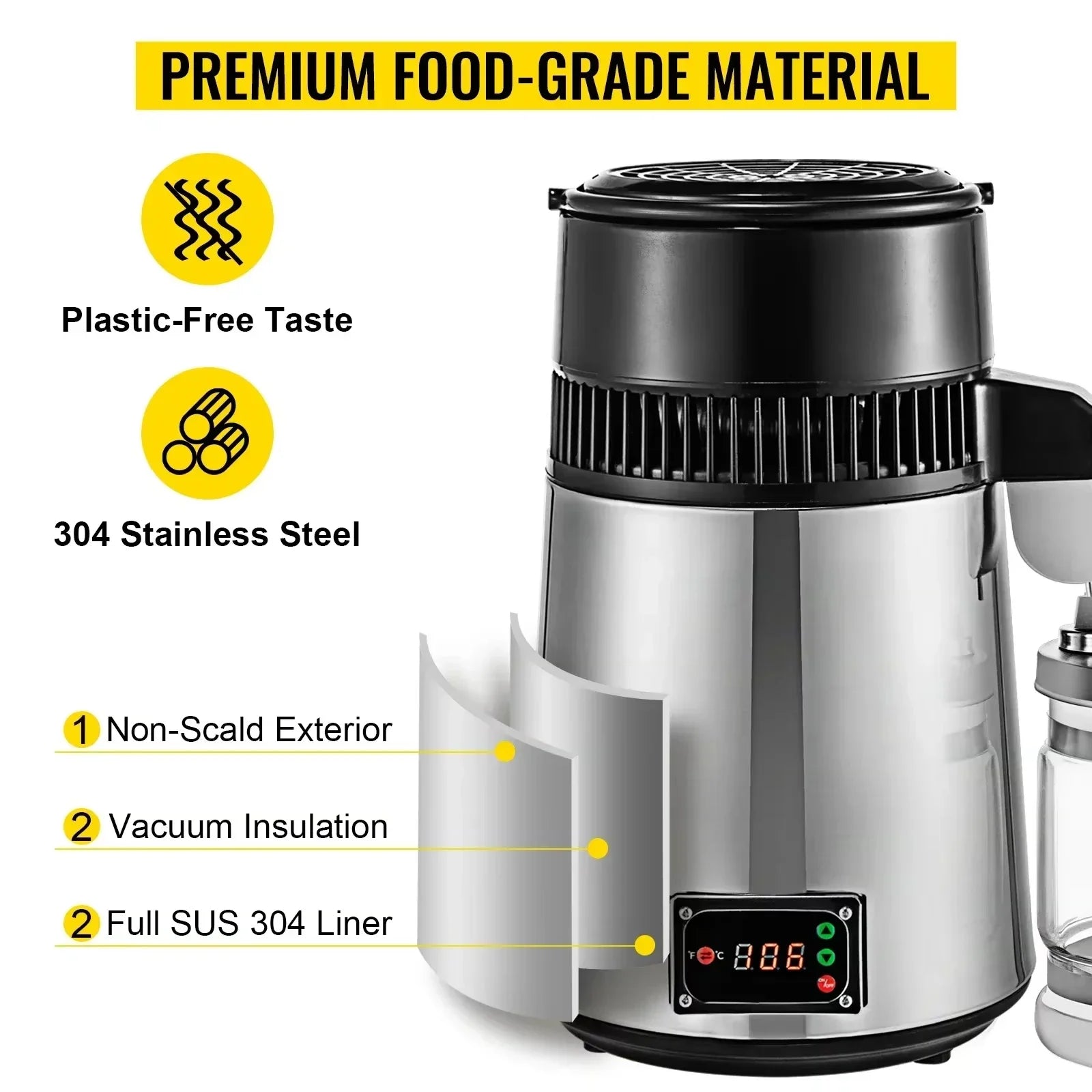 VEVOR Silver Water Distiller Machine 750W Adjustable Temperature Water Distiller 4L Wine Making Set Brewing Kit for Kitchen Home