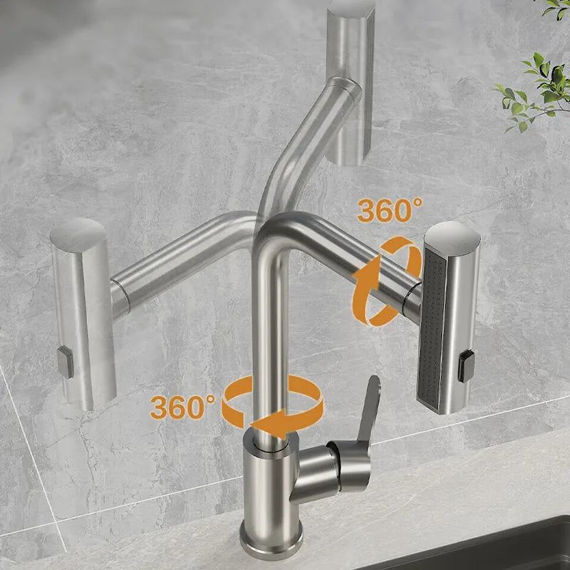 4 Mode Gray Kitchen Faucets Pull Out Rotation Waterfall Black Stream Sprayer Head Sink Mixer Brushed Nickle Water Tap Accessorie