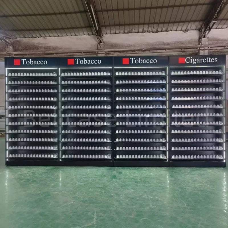 custom，Smoke Shop Fittings Cigarettes Shelves Tobacco Display Stand with Storage Cabinet Led Lighting Tobacco Store Ra