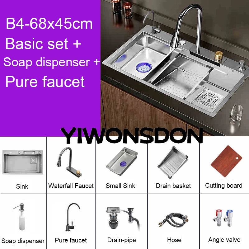Multifunction Brushed Nano Kitchen Sink Waterfall Faucet Large Single Bowl Cup Washer Pure Tap Soap Dispenser Stainless Steel