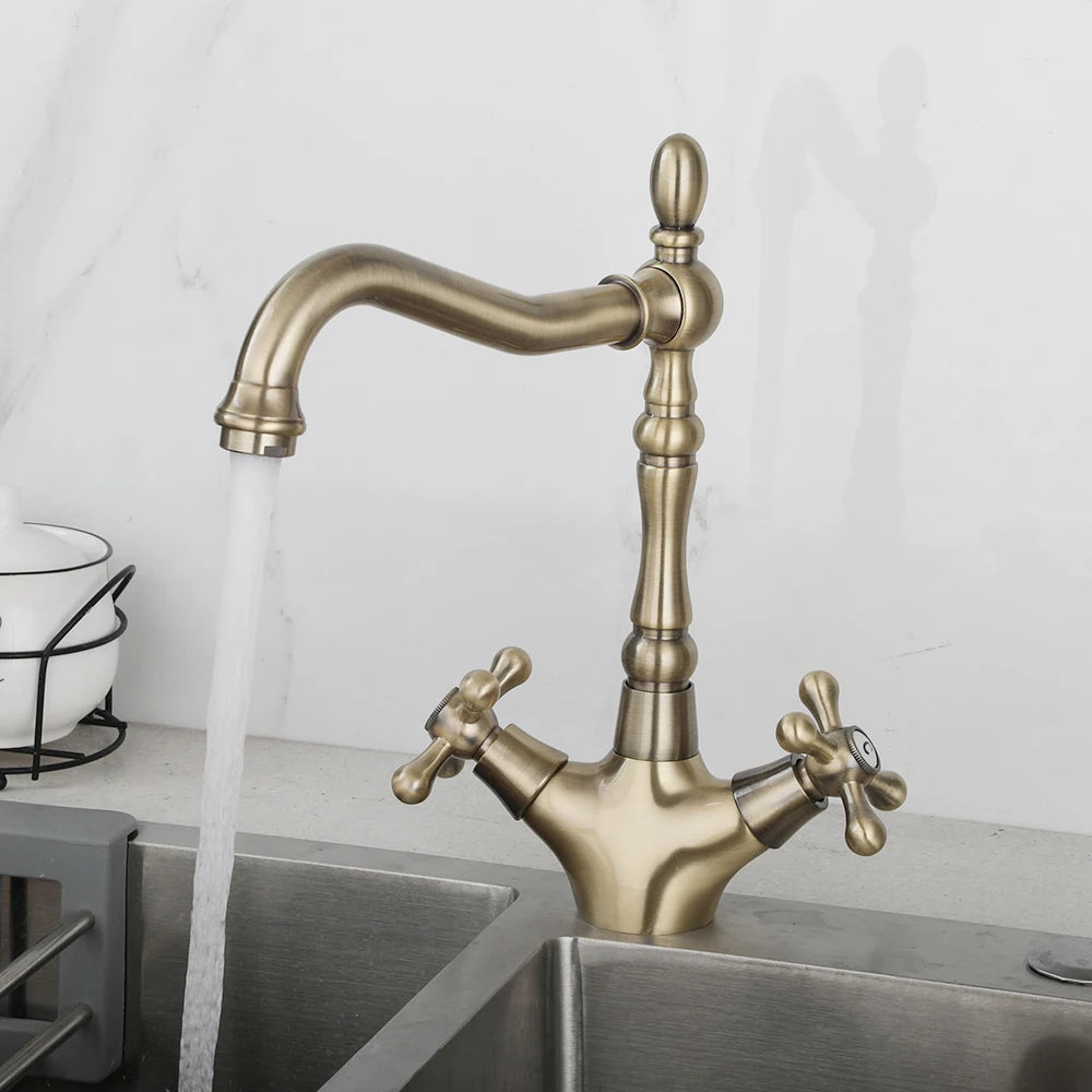 KEMAIDI Gold Bathroom Sink Faucet Brass Single Hole Deck Mounted Faucets 360 Swivel Dual Handle Mixer Tap Antique Brass
