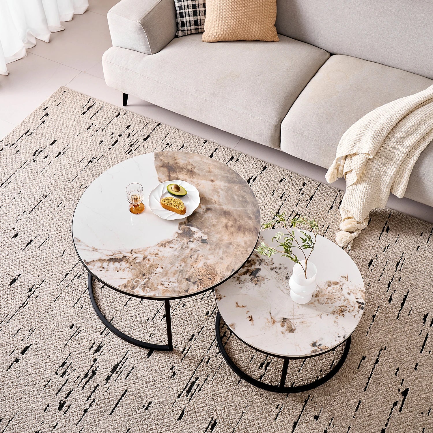 Set of 2 Modern Stylish Nesting Marble Round Coffee Table Set, Simple Metal Frame, Suitable for Living Room, Study Room, Bedroom