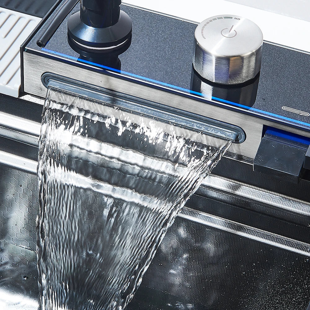 304 Stainless Steel Waterfall Kitchen Sink Large Single Slot Integrated Digital Display Faucet Set Soap Dispenser 75*45cm