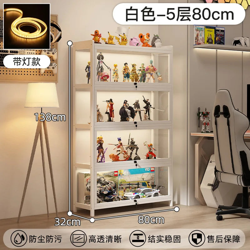 Display Cabinet Acrylic Curio Cabinet with Lock Glass Display Cabinet Natural Bamboo  Glass Cabinet Easy to Install，With Lights