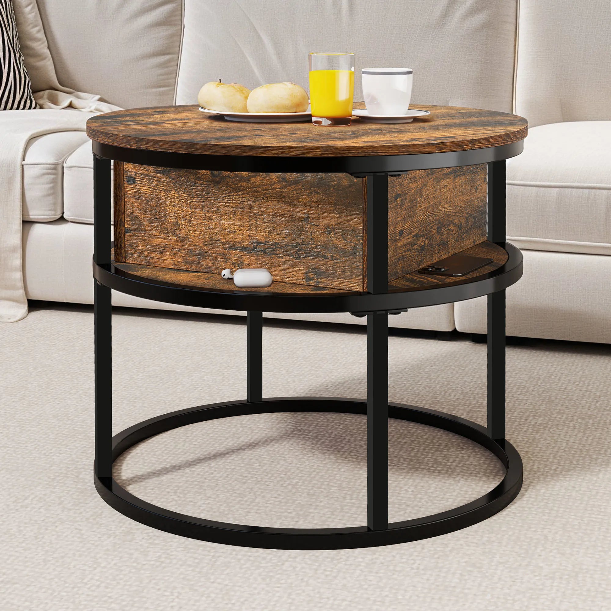 YITAHOME Coffee Table With Lift Top, Lift Up Coffee Table Round With Hidden Storage Compartment, 60x60x47cm