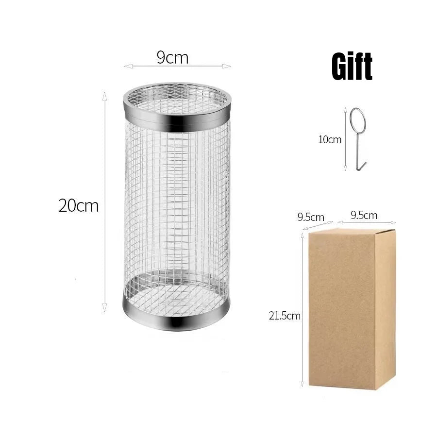 BBQ Basket Stainless Steel Rolling Grilling Basket Wire Mesh Cylinder Grill Basket Portable Round Outdoor Camping Barbecue Rack