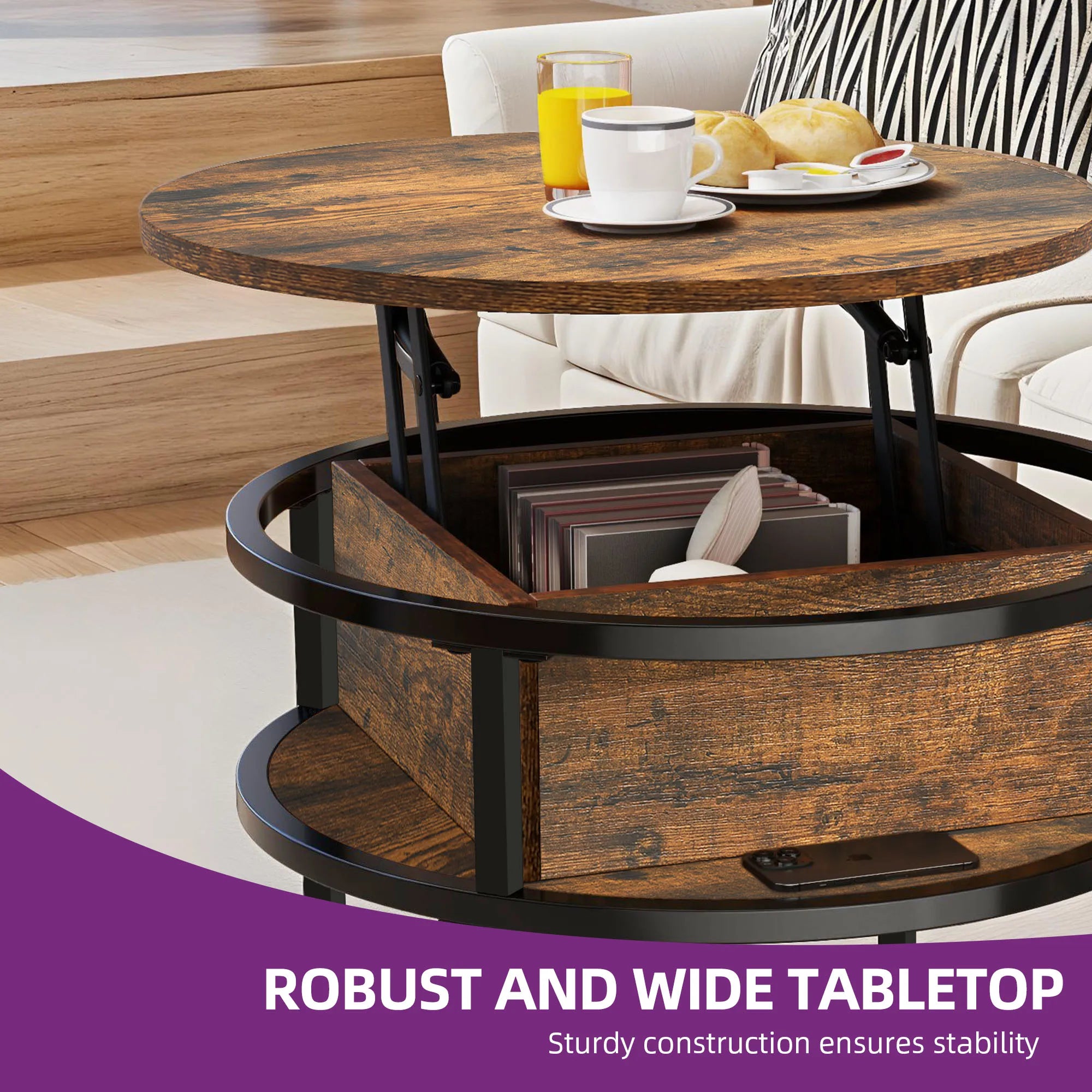YITAHOME Coffee Table With Lift Top, Lift Up Coffee Table Round With Hidden Storage Compartment, 60x60x47cm