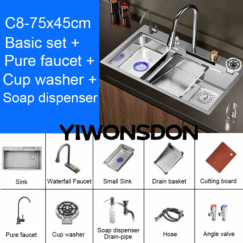 Multifunction Brushed Nano Kitchen Sink Waterfall Faucet Large Single Bowl Cup Washer Pure Tap Soap Dispenser Stainless Steel
