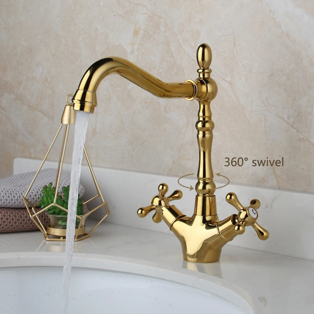 KEMAIDI Gold Bathroom Sink Faucet Brass Single Hole Deck Mounted Faucets 360 Swivel Dual Handle Mixer Tap Antique Brass
