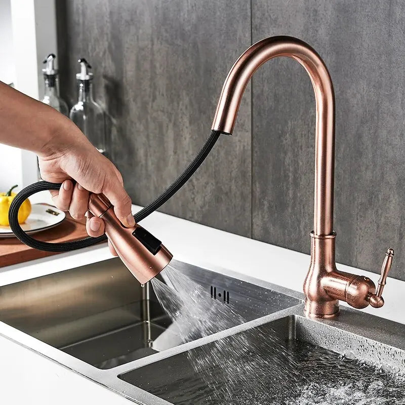 Kitchen Faucets Pull Out Antique Bronze Kitchen Sink Water Mixer Tap Crane Faucet Hot Cold with Sprayer EL9021