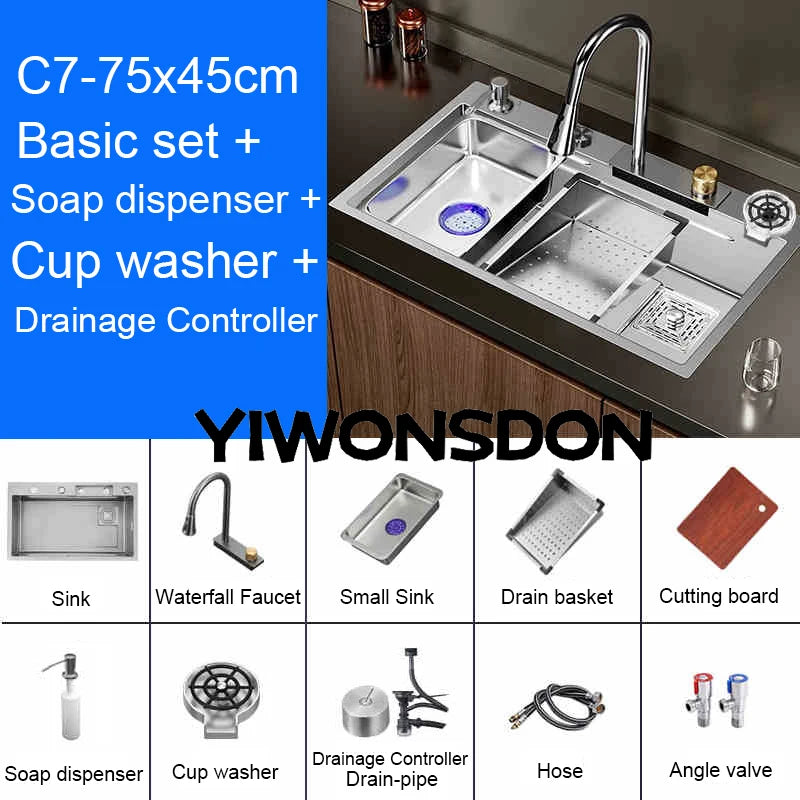 Multifunction Brushed Nano Kitchen Sink Waterfall Faucet Large Single Bowl Cup Washer Pure Tap Soap Dispenser Stainless Steel