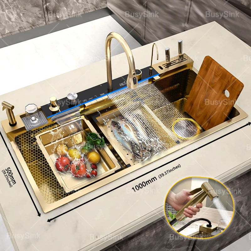Gloden Stainless Steel Waterfall Kitchen Sink with Faucet Digital Display Multifunctional  Large Single Slot Dishwashing Basins