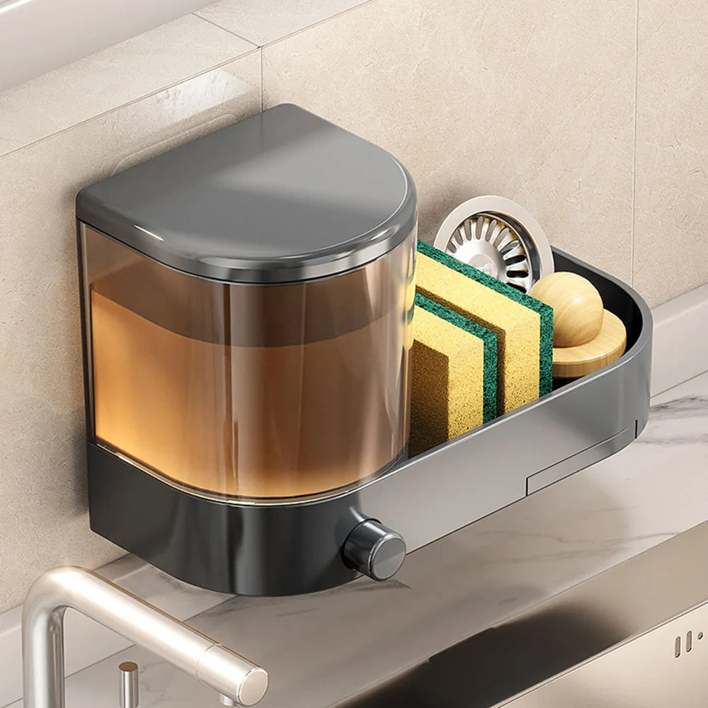 with Drain Tray Wall Mounted Soap Dispenser with Sponges Holder Hand Press Dishwashing Liquid Holder Space Saving