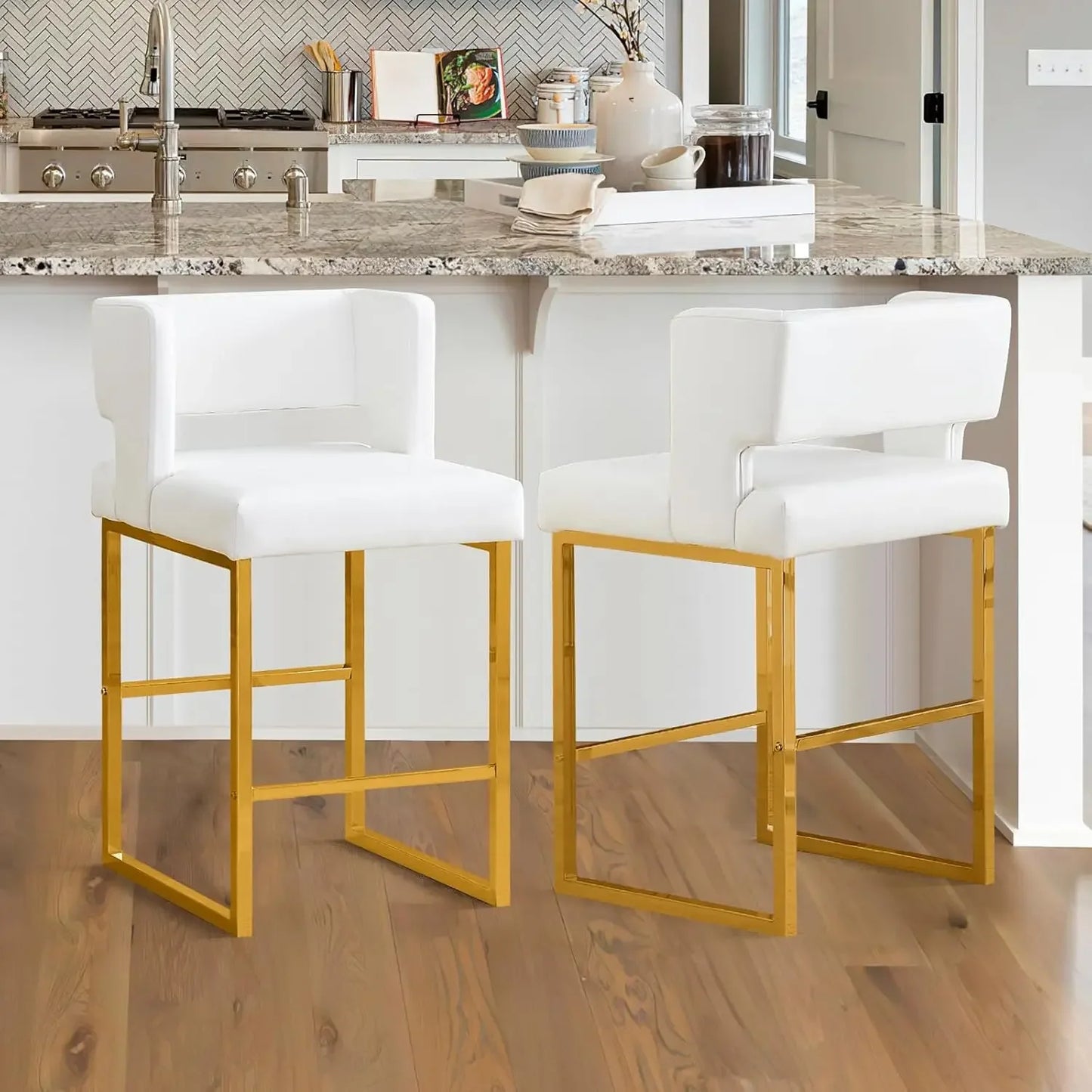 26" H Counter Height Bar Stools Set of 4, Modern Velvet Bar Stools with Square Open Backrest and Gold Metal Frame